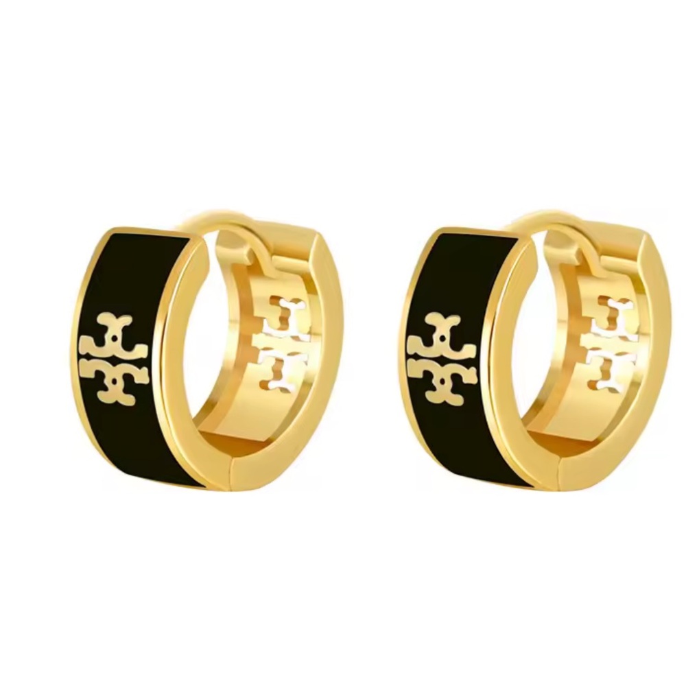 Tory Burch Gold and Black Logo Huggie Earrings